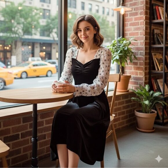 J.ING Jing Black Velvet with Sheer Sleeve Midi Dress Size L NWT - Picture 1 of 9